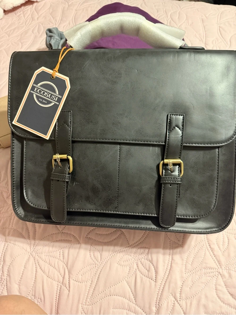 Ecosusi Black Men's Faux Leather Briefcase with Dual Buckle Front